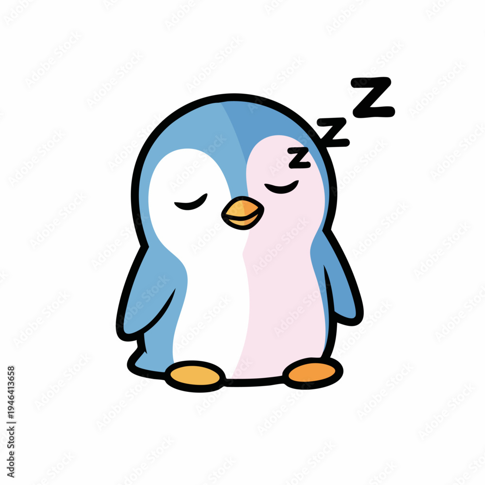 Obraz premium Cute cartoon penguin sleeping peacefully with closed eyes and dreams.