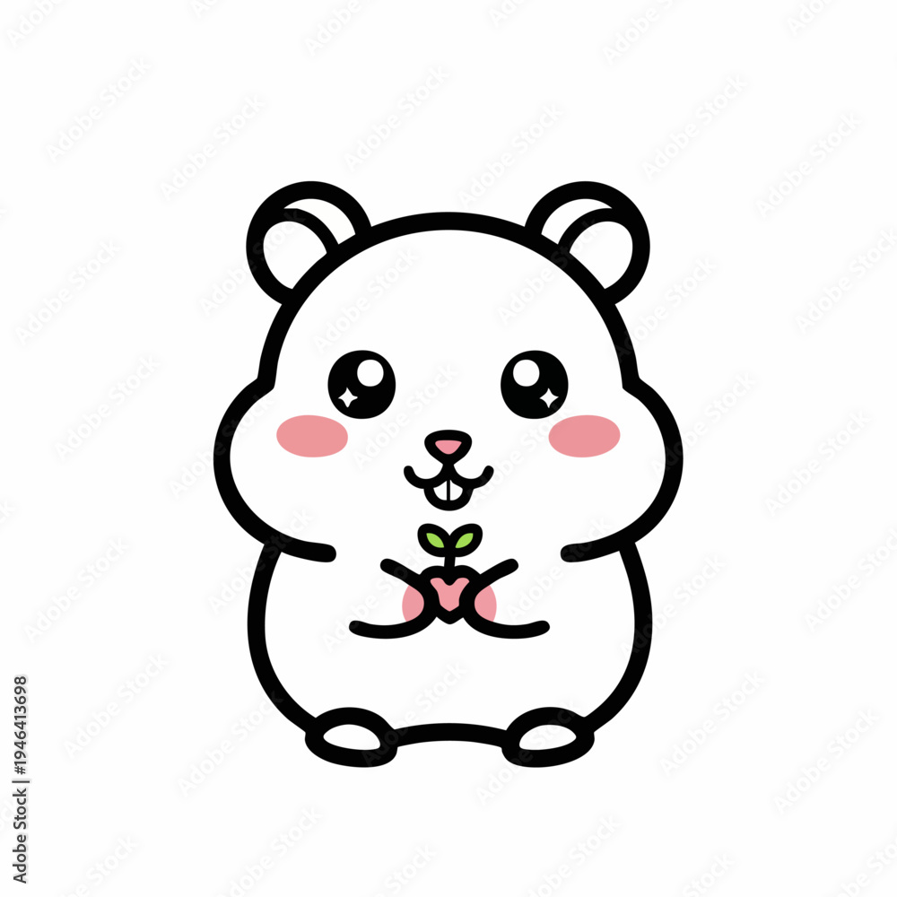 Fototapeta premium Adorable Hamster Illustration with Big Eyes and Rosy Cheeks Holding a Plant.