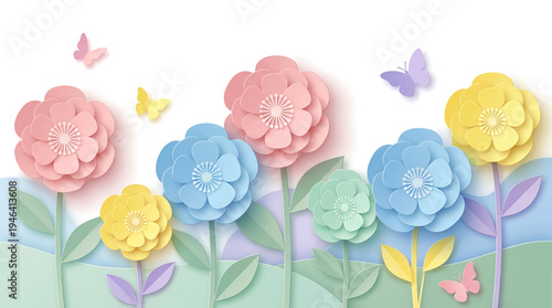 Paper craft illustration of a vibrant spring garden with pastel layered flowers and delicate butterflies creating a beautiful, cheerful meadow scene