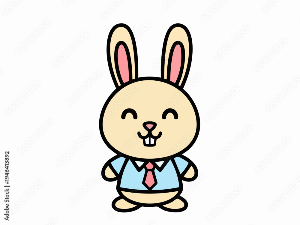 Obraz premium Cute cartoon rabbit character wearing a blue shirt and red tie smiling happily.