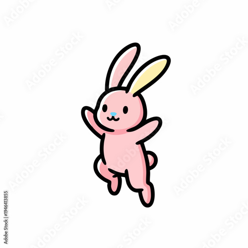 Cute pink cartoon rabbit character jumping happily.