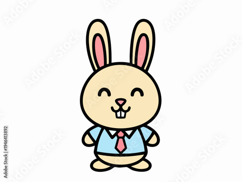 Cute cartoon rabbit character wearing a blue shirt and red tie smiling happily.