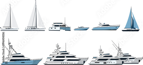 Vector illustration of diverse boats and yachts including sailboats, catamaran, speedboat, motor yacht, luxury multi‑deck vessels for marine transportation