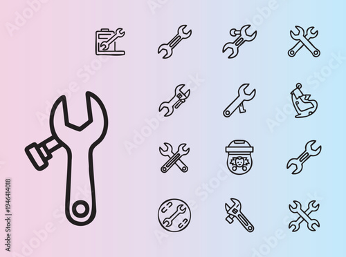 Collection of wrench icons in various styles isolated on background