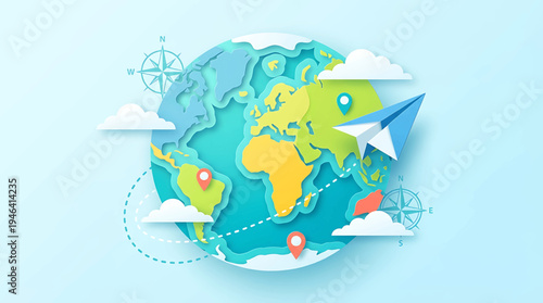 Paper-cut Earth illustration with a flying paper airplane, clouds, and navigation elements, symbolizing global travel, exploration, and adventure