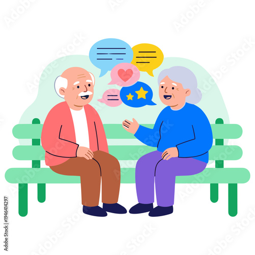 Elderly couple sitting on a park bench chatting with speech bubbles