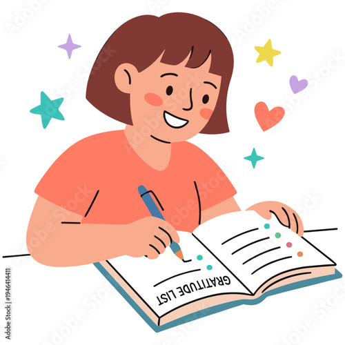 A smiling young girl writes in her gratitude journal with colorful stars and hearts around her.