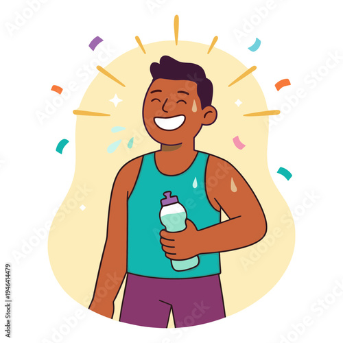 Man celebrates fitness achievement with a water bottle in hand outdoors