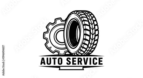 Auto Service Logo Featuring a Tire and Gear, Symbolizing Mechanical Expertise and Vehicle Maintenance
