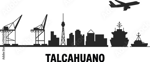 Silhouette of Talcahuano cityscape with cranes, buildings, ship, and airplane