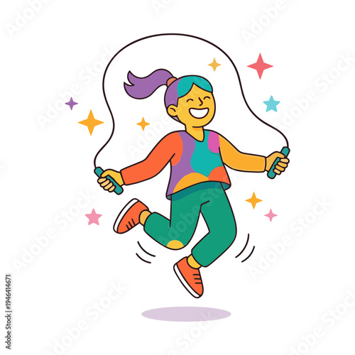 A young girl jumps rope with colorful stars around her happily outdoors
