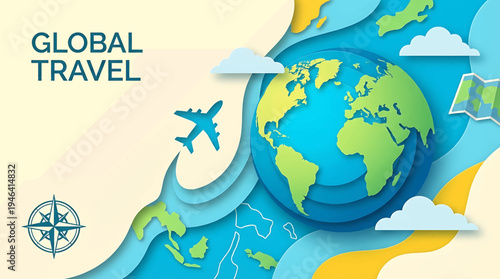 Conceptual illustration of global travel with a stylized Earth, airplane, and map elements, representing journeys and exploration in a papercut art style