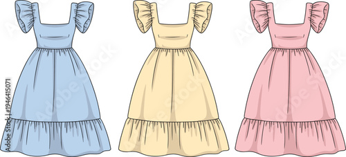 Three pastel-colored dresses with puffed sleeves and tiered skirts illustrated in blue, beige, and pink