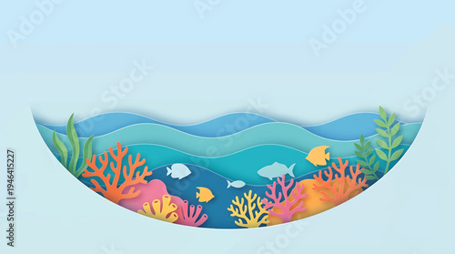 Underwater coral reef scene with diverse aquatic life and plants in a vibrant, layered paper cut-out style illustration