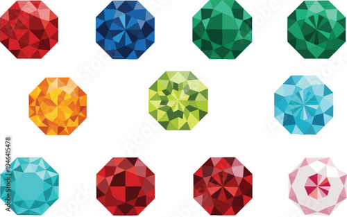 Vector illustration set of twelve colorful faceted gemstones in grid layout showcasing diverse cuts, reflections, vibrant hues, jewelry design elements