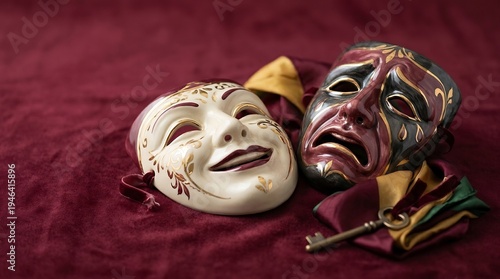 Comedy and tragedy masks representing the duality of human emotion and performance art