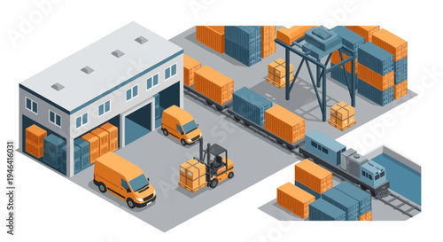 Industrial warehouse with forklift and boxes.