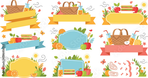 Healthy Food Banner Set with Fruits, Sandwiches, Juice Bottles and Picnic Basket for Organic Nutrition Promotion, Fresh Meal Templates, Restaurant Menu and Diet Design