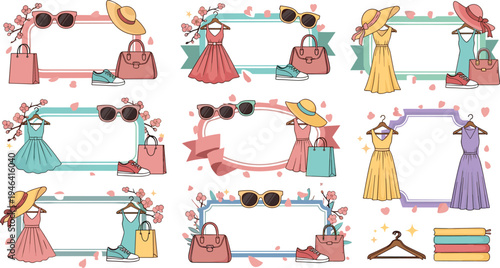 Fashion Sale Banner Set with Women Dresses, Handbags, Sunglasses, Hats and Shoes for Boutique Promotion, Shopping Ads, Seasonal Discounts and Stylish Retail Templates