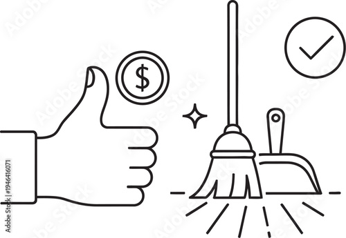 Thumbs up hand with dollar sign and cleaning tools broom and dustpan in minimalist line art style for business finance and household management concept