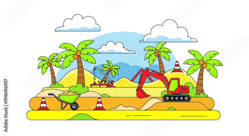 Tropical Island Construction Site with Excavator and Palm Trees