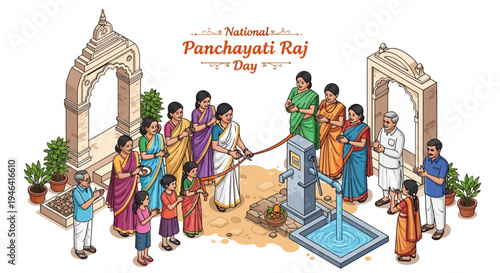 Illustration of people in traditional Indian clothing gathered around a village water pump on National Panchayati Raj Day, symbolizing rural governance and community development in India.