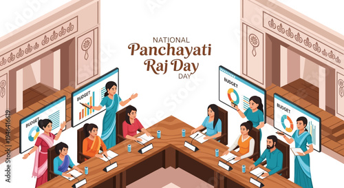 Illustration of people in a meeting for National Panchayati Raj Day, representing rural governance and democracy in India.