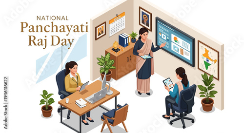 Illustration of people in an office setting on National Panchayati Raj Day in India, celebrating rural governance and democracy