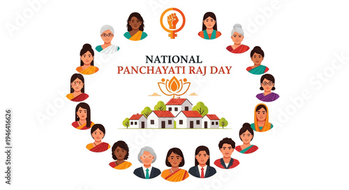 National Panchayati Raj Day illustration featuring diverse people around a village scene in India, symbolizing rural governance and democracy