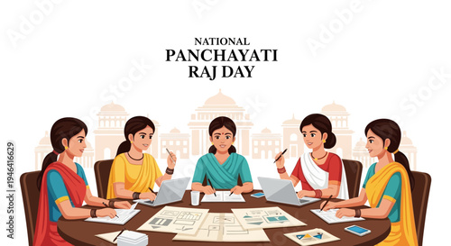 People gathered around a table for rural governance and development discussion on National Panchayati Raj Day in India