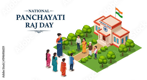 Illustration of people gathered outside a rural Indian government building on National Panchayati Raj Day, symbolizing village development and decentralization of administration in India.