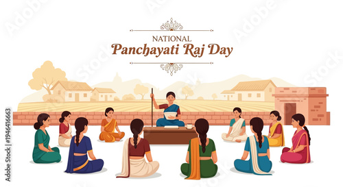 Illustration of people celebrating National Panchayati Raj Day in a rural Indian village setting with a leader addressing a gathering.