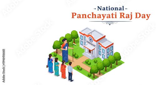Illustration of people standing outside a building on National Panchayati Raj Day in a village setting in India.