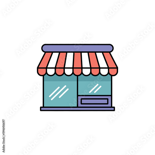 Quaint shop storefront icon with striped awning and purple details