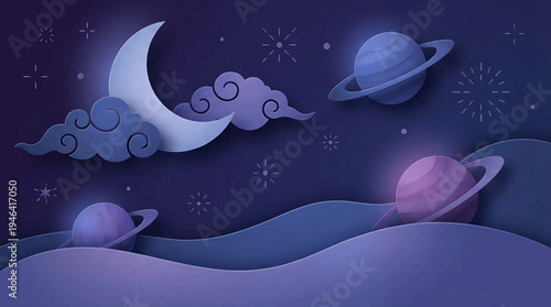 Whimsical dreamscape illustration of planets and crescent moon in a starry, wavy night sky