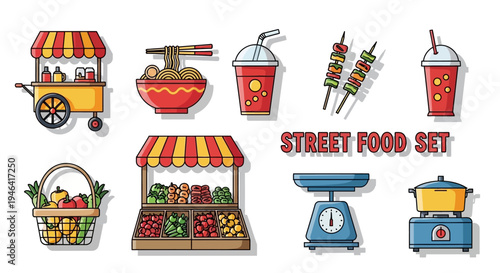 Street Food and Market Stall Vector Icon Set Illustration