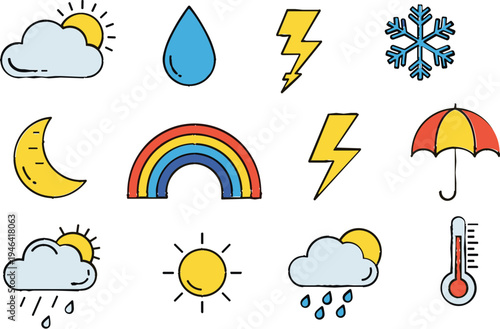 Weather Icons Set Featuring Sun, Cloud, Rain, Snow, Lightning, Rainbow, Umbrella, and Thermometer for Digital Design and Weather Forecasting Projects