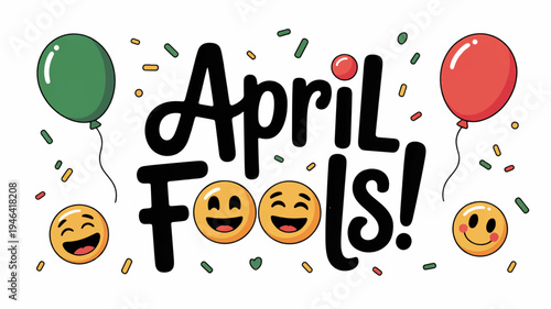Colorful april fools' day celebration with laughing emojis and balloons