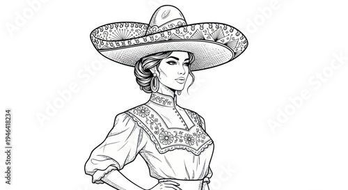 Beautiful Mexican Woman in Sombrero and Traditional Dress, Line Art Portrait