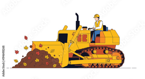 Construction Worker Operates Bulldozer Clearing Autumn Leaves and Debris