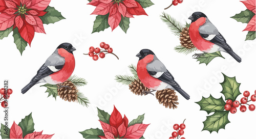 Watercolor Christmas Bullfinch Birds with Poinsettias Holly Berries and Pine Cones Seamless Pattern