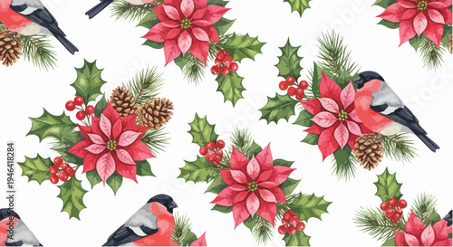 Festive Bullfinch Bird with Poinsettia Holly Berries and Pine Cones Seamless Pattern Christmas