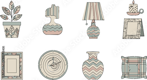 Home Decor Icons Set Featuring Plants, Vases, Lamps, Frames, Cushions, and More for Interior Design Projects