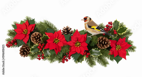 Festive Christmas Garland with Poinsettias Pinecones Holly Berries and a Goldfinch Bird Illustration