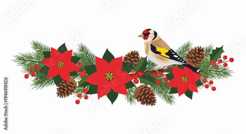 Festive Christmas Garland with Goldfinch Bird Poinsettias Pinecones and Holly Berries Decoration