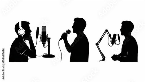 Podcast Recording Silhouettes, Microphone Speaking Pose, PNG Transparent Background