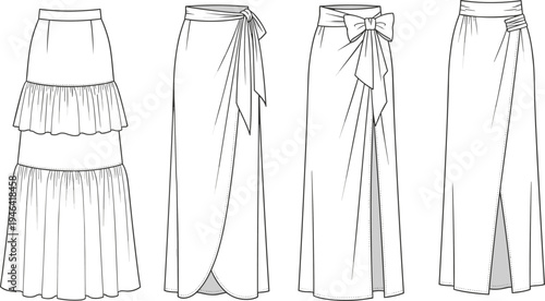 Cad drawing flat vector illustration of various long skirts with ruffles, front slit, tie waist, flared hem, technical fashion sketch