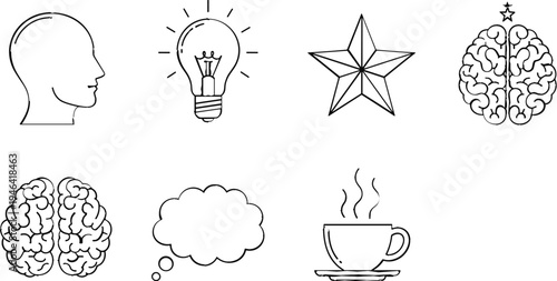 Creative Thinking and Idea Icons Set Featuring Brain, Lightbulb, Coffee, and More for Mindset and Inspiration Design Projects