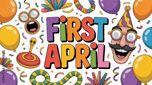 Vibrant first april celebration background with colorful balloons confetti and playful cartoon faces