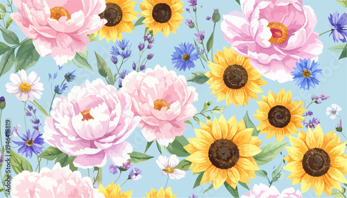 Watercolor Floral Pattern Seamless Background with Pink Peonies Yellow Sunflowers and Blue Cornflowers